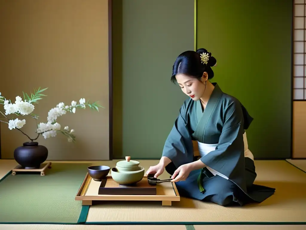 Ritual del té japonés en sala tatami: maestro en kimono sirve matcha