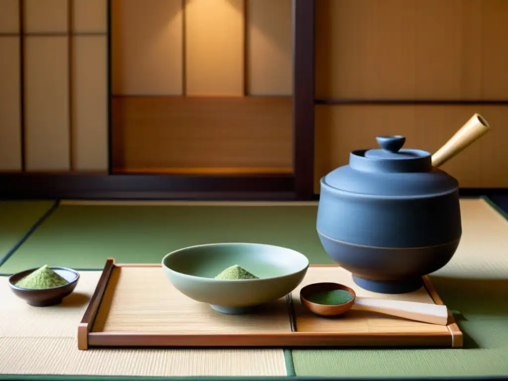 Un ritual de té japonés tradicional en una serena sala de tatami