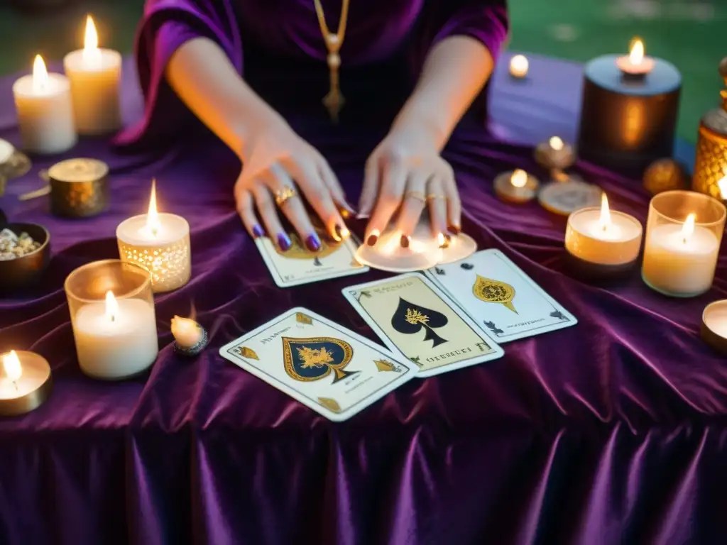 Un ritual mágico de lectura de tarot profesional en un ambiente misterioso y lleno de sabiduría ancestral