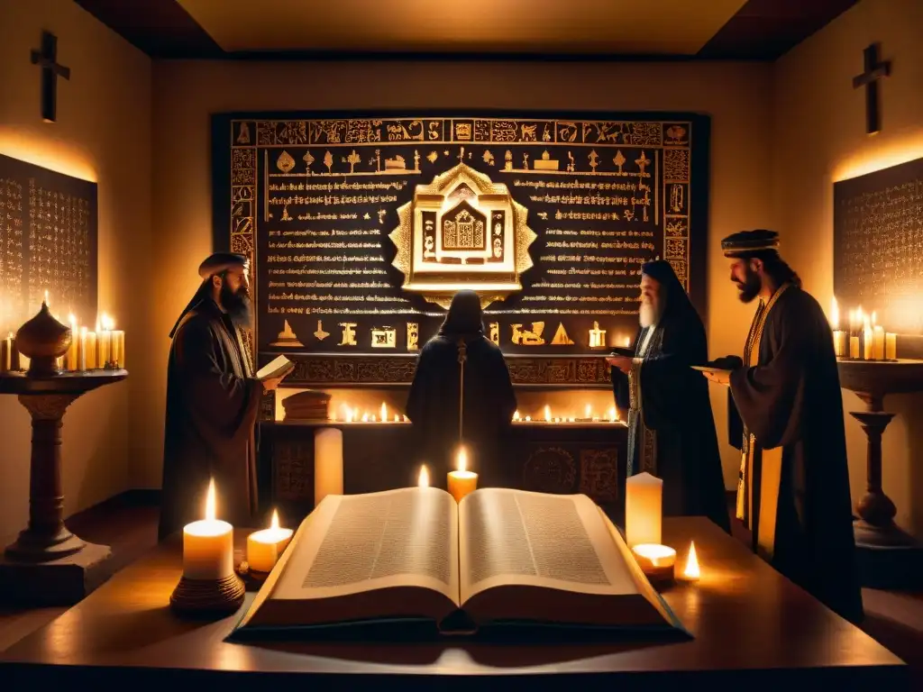 Un ritual misterioso en una habitación iluminada débilmente, con símbolos, figuras encapuchadas y la Cabala