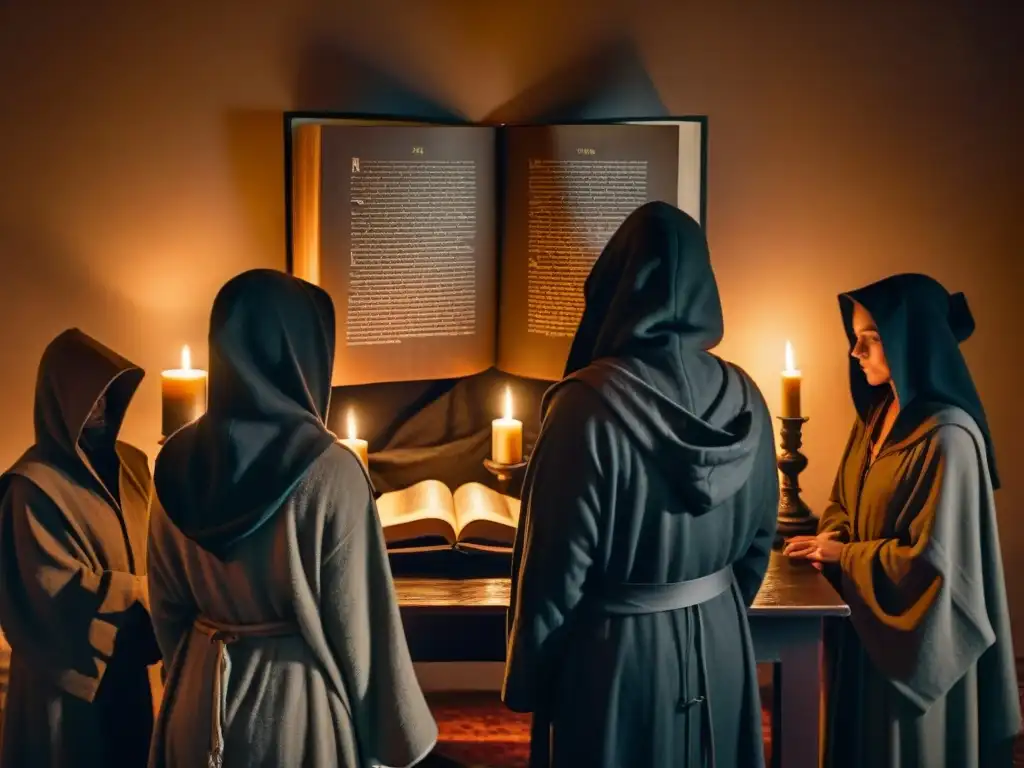 Un ritual misterioso en una habitación sombría, con figuras en capuchas alrededor de un antiguo libro