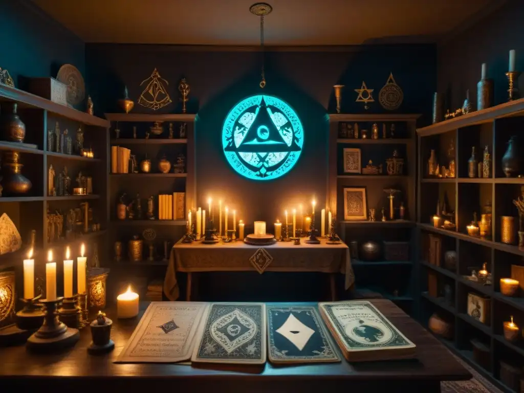 Ritual místico en cuarto oscuro con símbolos ocultos Un ritual místico en una habitación llena de símbolos ocultos y artefactos antiguos
