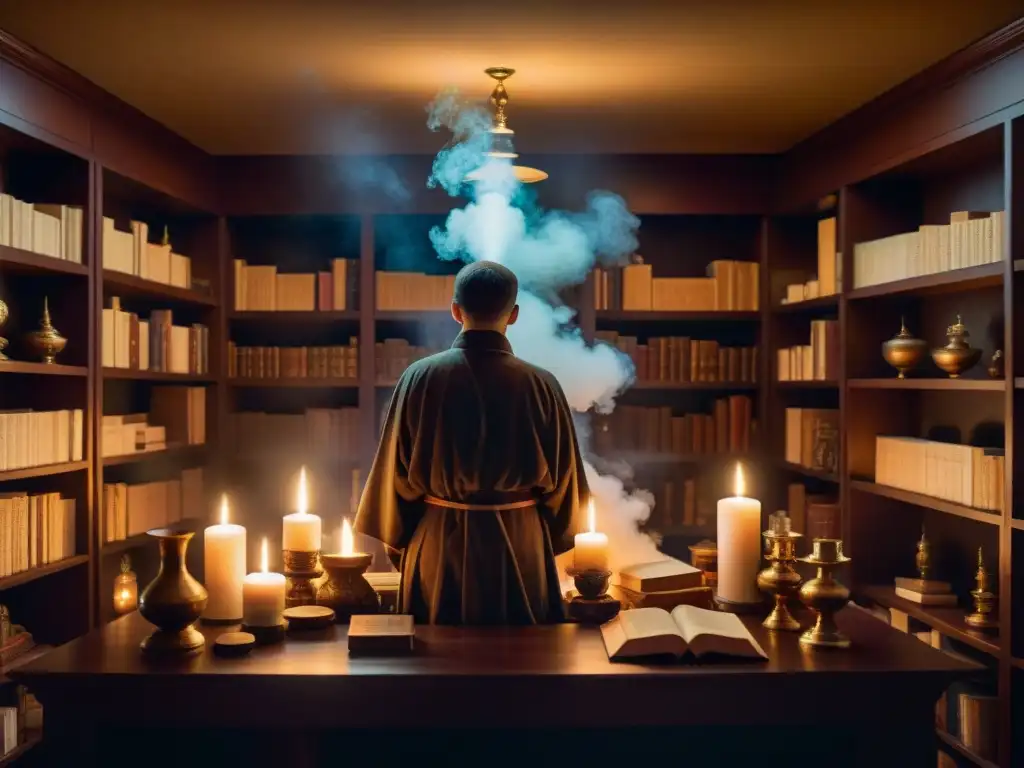 Un ritual místico en la Sociedad Teosófica, con libros antiguos y velas, envuelto en una atmósfera de misterio