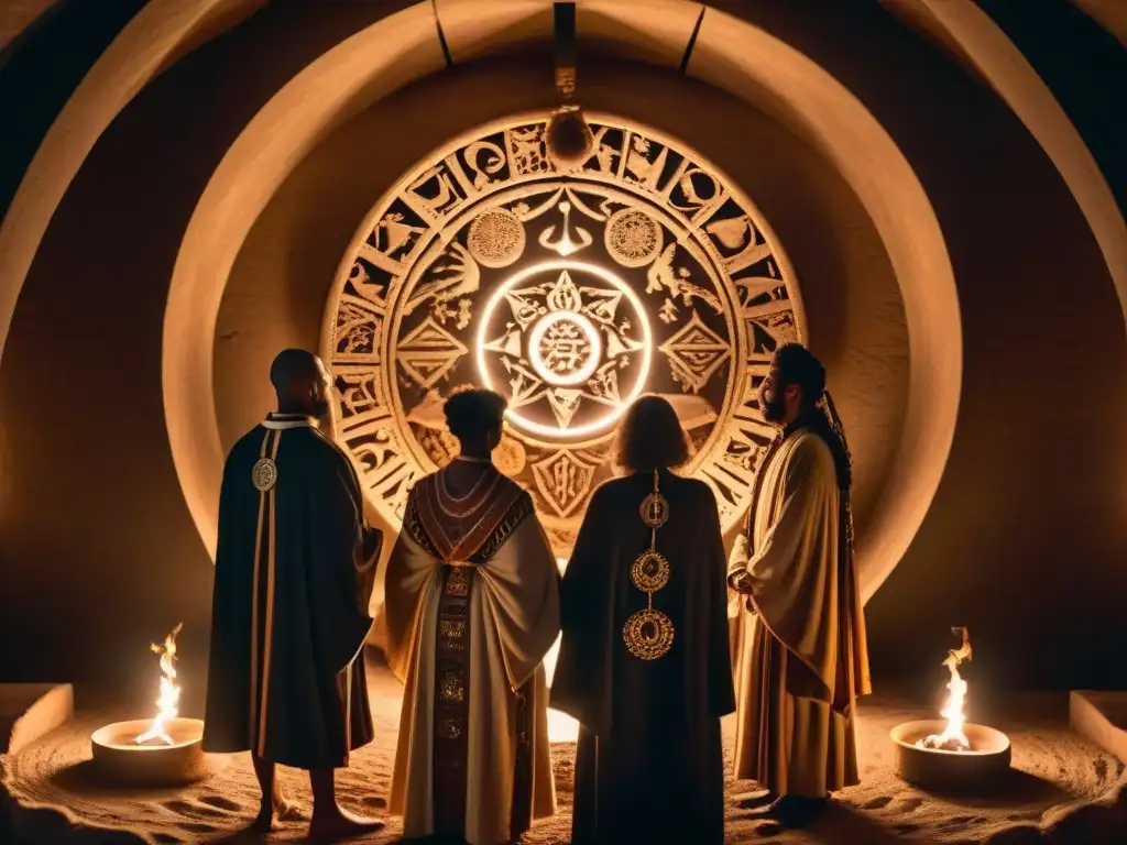 Misterioso ritual de la vida: secretos de la existencia Ritual místico de sociedades secretas explorando los ciclos de la vida en cámara iluminada con velas y símbolos antiguos