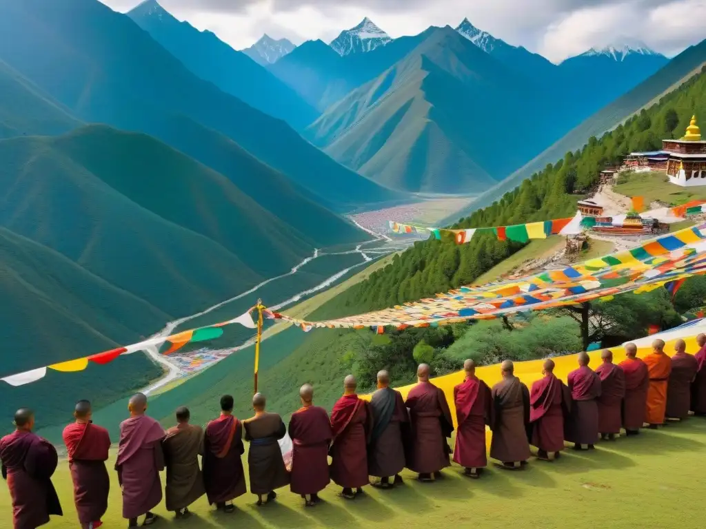 Ritual sagrado: monjes Bonpo en los Himalayas Ritual de monjes Bonpos en pintura thangka, con banderas de oración y montañas del Tíbet de fondo