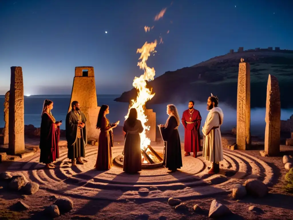 Ritual pagano de sociedades secretas en la historia, con figuras en túnicas rodeadas de ruinas bajo la luna