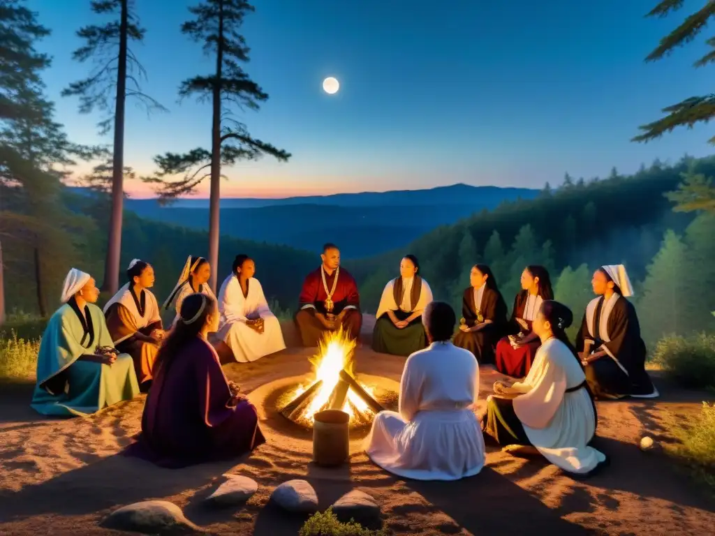 Un ritual sagrado con influencia de sociedades secretas en terapias, en la profundidad del bosque bajo la luna llena