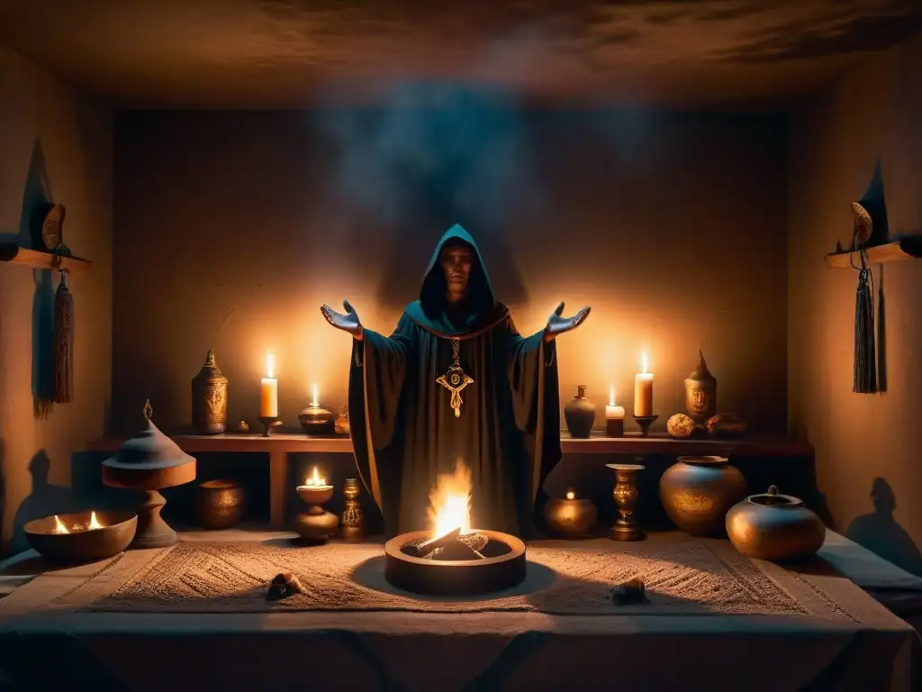 Un ritual secreto en una habitación tenue iluminada por velas, con un altar misterioso y símbolos antiguos