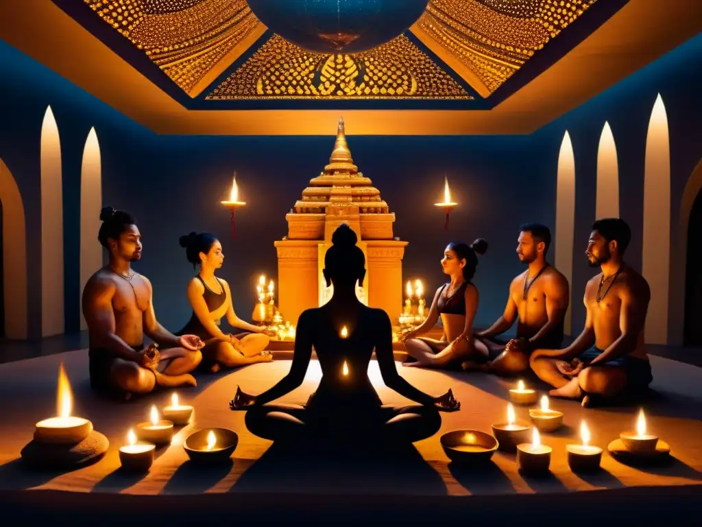 Ritual secreto de Tantra Hinduismo en un templo iluminado por velas