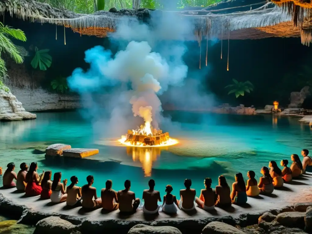 Rituales de purificación en una ceremonia maya en un cenote sagrado, envuelta en misticismo y sabiduría ancestral