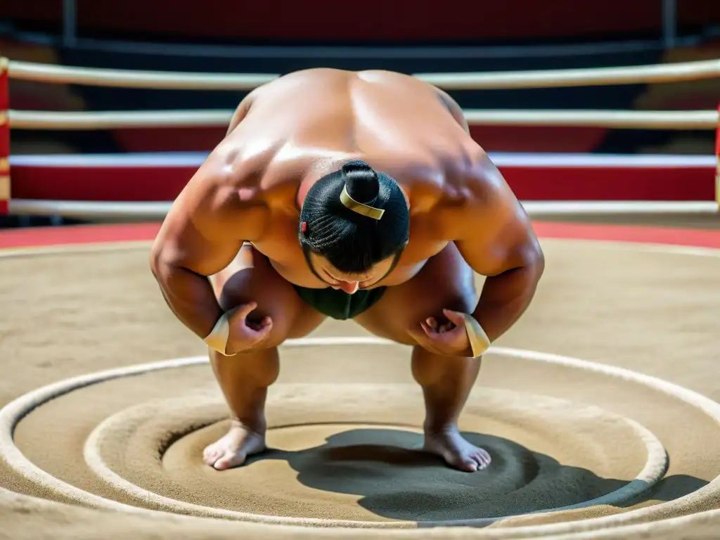 Rituales de protección en la cultura oriental: luchador de sumo japonés en un estadio, listo para la batalla