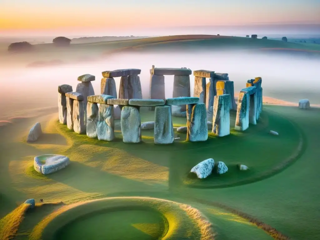 Rituales druidas en Stonehenge: Stonehenge en un amanecer místico con neblina matutina y colores vibrantes en el cielo