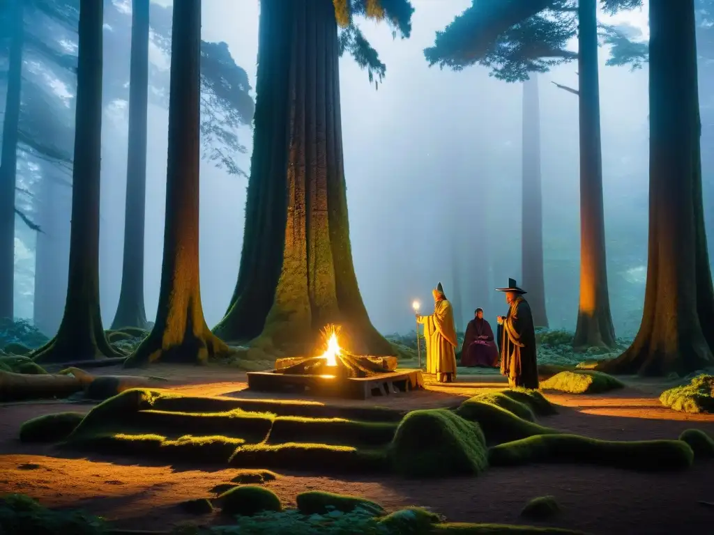 Rituales druidas en bosques: primera luz del amanecer entre árboles sagrados, figuras encapuchadas en ritual alrededor de un altar de piedra