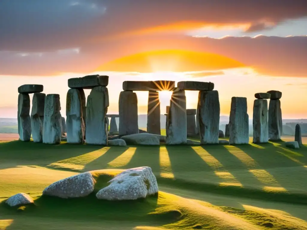 Rituales druidas en Stonehenge: Amanecer dorado ilumina las antiguas piedras con sombras alargadas y figura solitaria en contemplación