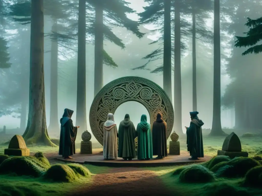 Ritual druídico al amanecer: misterio y conexión con la naturaleza Rituales druidas esotéricos en la naturaleza: misterio y sabiduría ancestral en un claro boscoso al amanecer