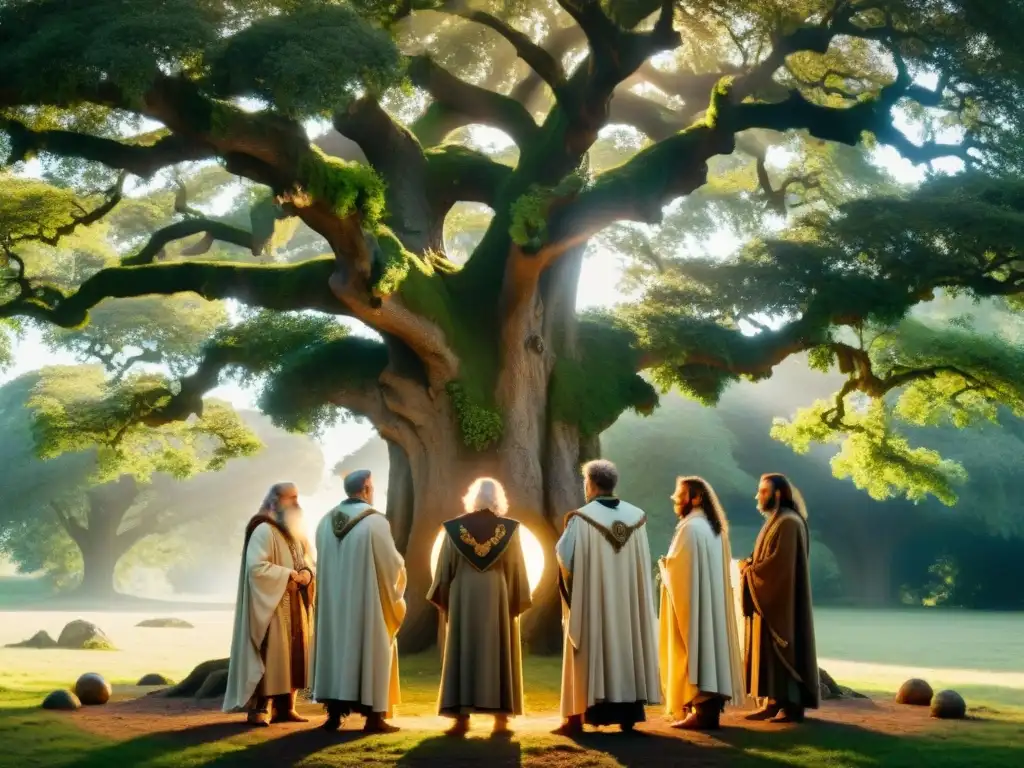 Rituales místicos: druidas y naturaleza en armonía Rituales druidas esotéricos naturaleza: Círculo de druidas bajo un roble ancestral, símbolos naturales en mano, luz filtrándose entre las hojas