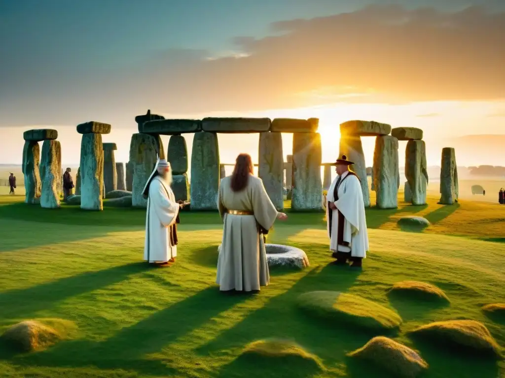 Rituales druidas en Stonehenge: Grupo de druidas modernos en ceremonia al atardecer, entre las antiguas piedras iluminadas por el sol