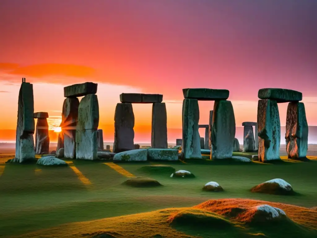 Rituales druidas en Stonehenge: misteriosas figuras danzan al atardecer entre las icónicas piedras en un ambiente místico