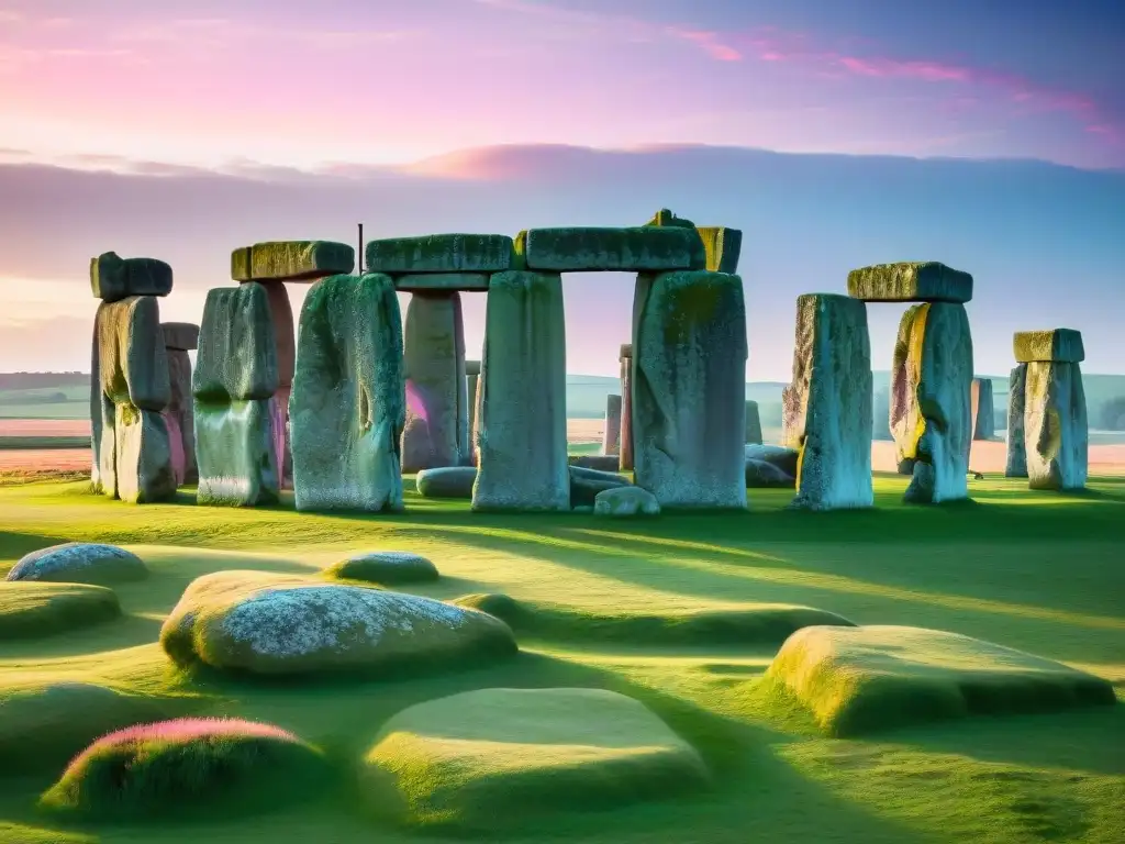 Rituales druidas en Stonehenge: Monumento ancestral iluminado por un amanecer místico, con sombras largas en la hierba verde