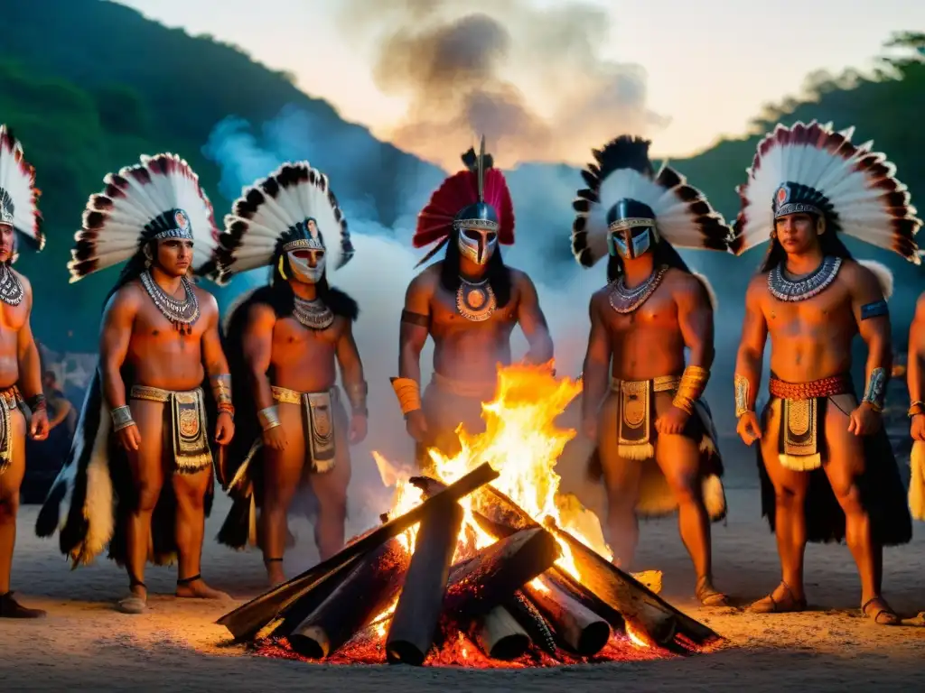 Rituales élites guerreras precolombinas: Guerreros mayas en ritual alrededor de fogata al atardecer