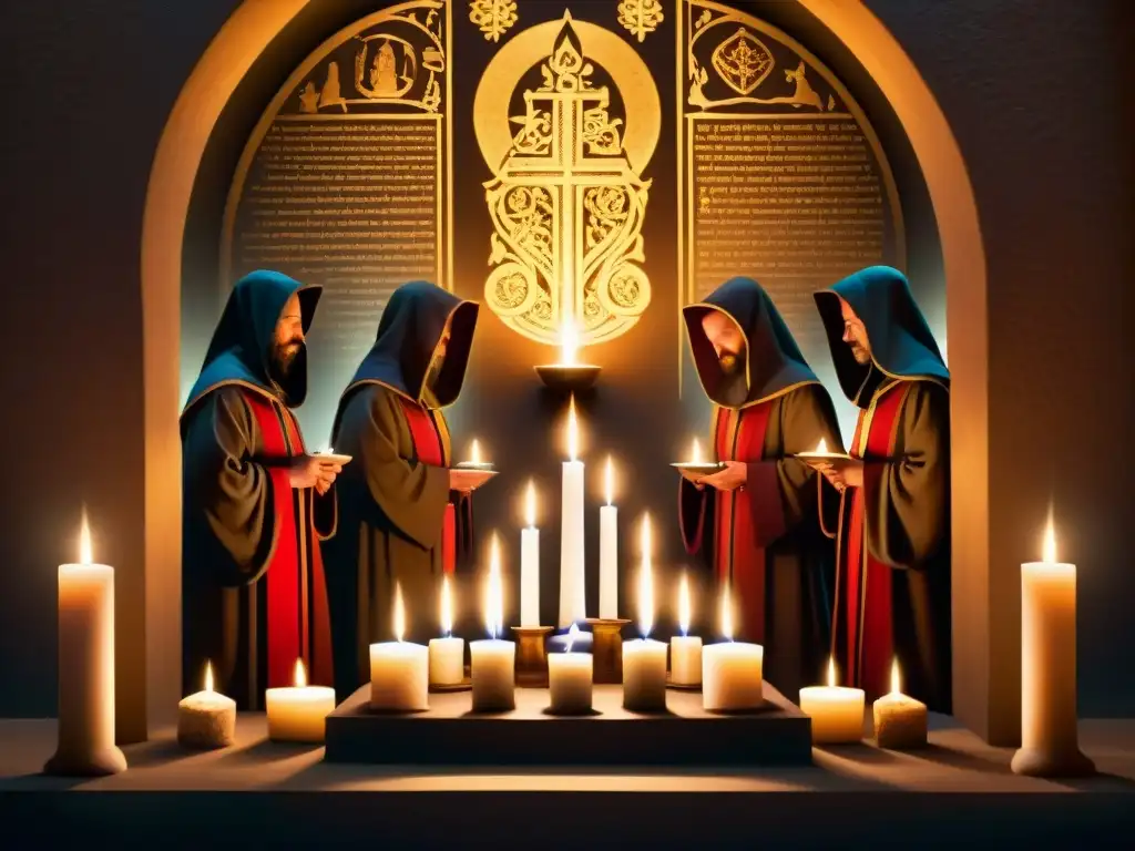 Rituales de protección espiritual en misteriosa cámara iluminada por velas