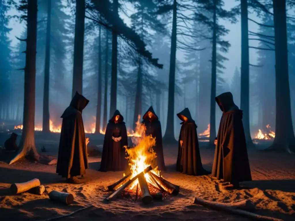 Rituales místicos en el bosque: figuras sombrías alrededor de una fogata, evocando los 'Riesgos y realidades de la magia negra'