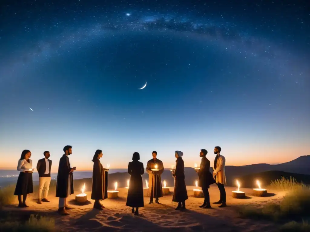 Rituales nocturnos en retiros espirituales: grupo de personas con velas bajo cielo estrellado, fusionando lo antiguo y lo moderno