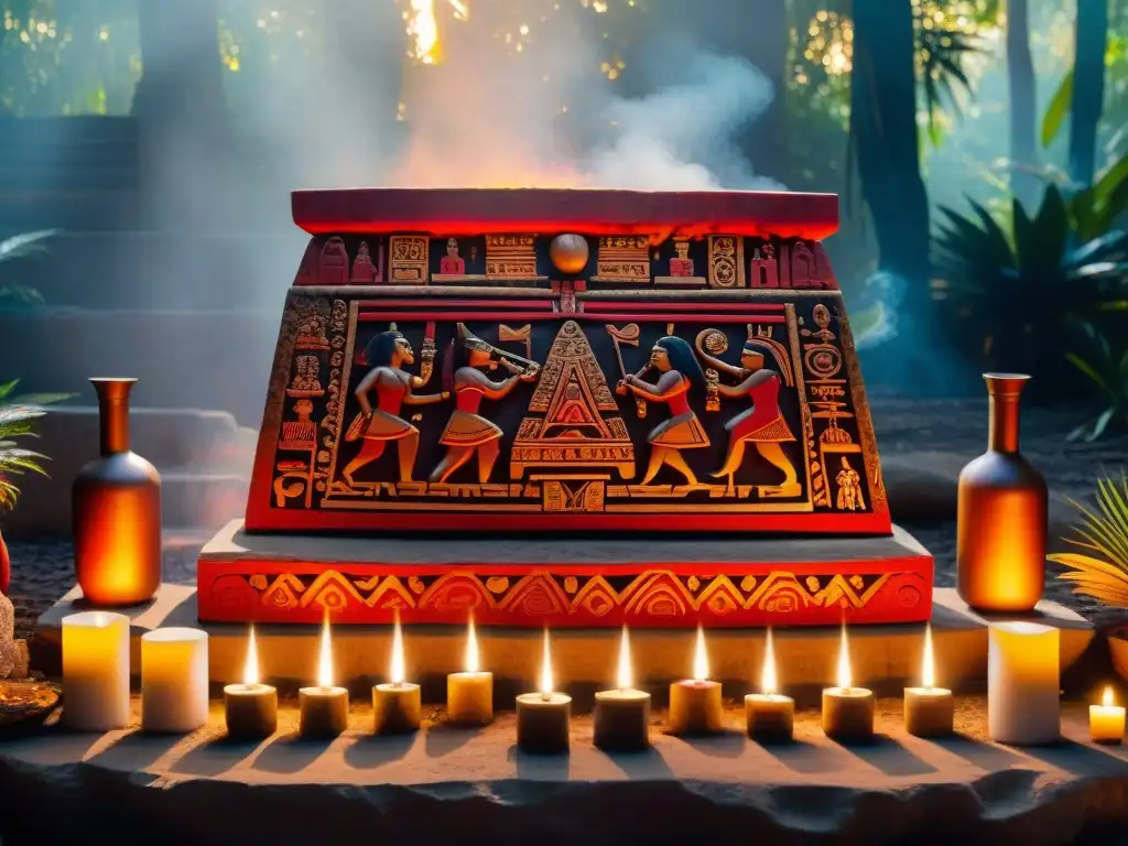 Rituales para expandir percepción espiritual: Altar maya con jeroglíficos rojos y dorados, chamanes en ritual en la selva mística al atardecer