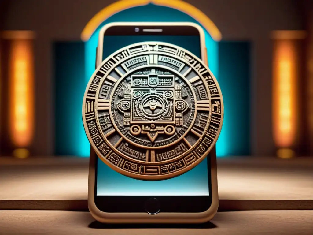 Fusión de rituales de poder en apps: Calendario maya tallado en piedra junto a su versión digital en smartphone, en una habitación tenue