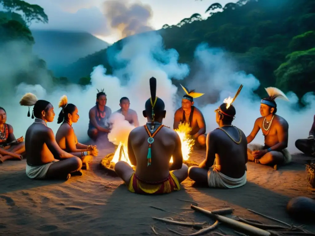 Rituales de renacimiento significado: Chamanes indígenas realizan un ritual en la selva al amanecer, entre la neblina y la energía espiritual