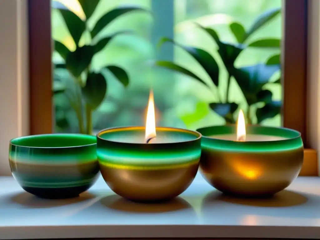 Rituales de sanación con cuencos de cuarzo en un espacio sereno y vibrante, lleno de energía y armonía