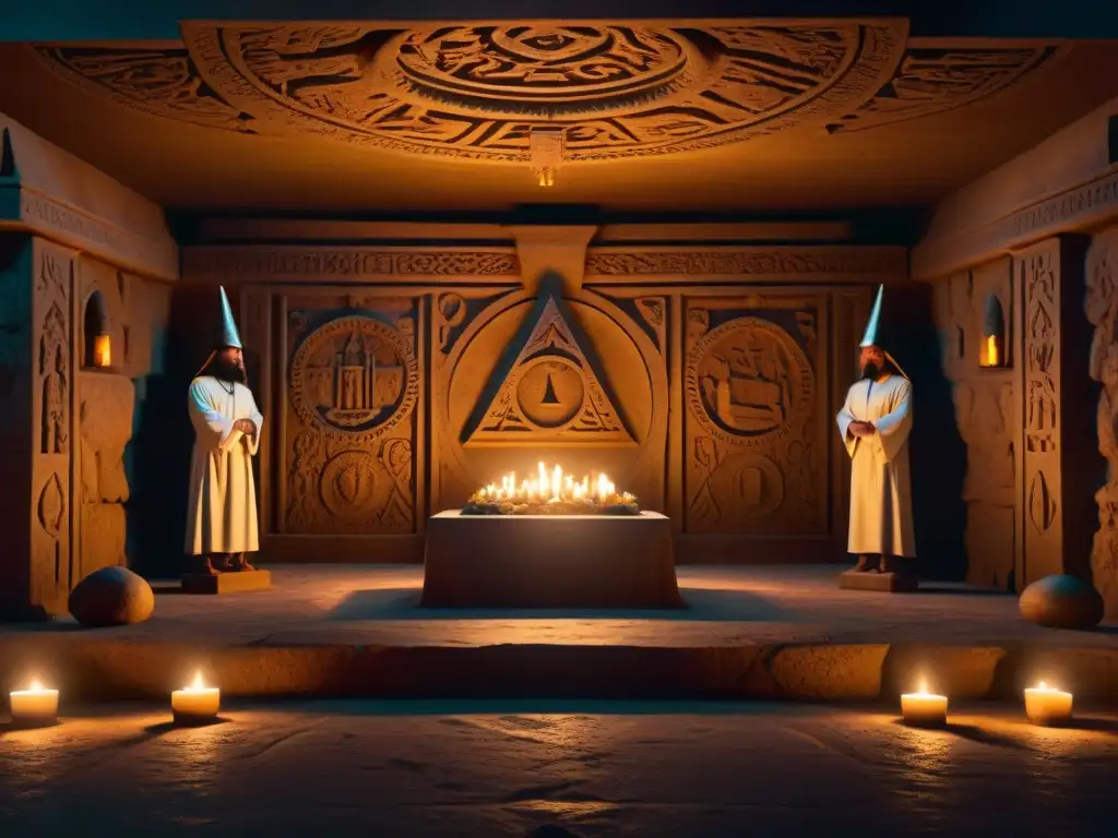Ritual secreto de los Illuminati en cámara subterránea Rituales secretos Illuminati en una cámara subterránea iluminada por velas, con figuras en túnicas y un altar de piedra
