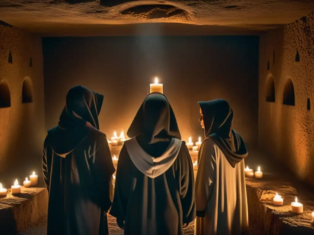 Rituales de iniciación en cámara subterránea Rituales de iniciación en sociedad secreta: miembros en túnel con símbolos y velas, anticipación en sus rostros