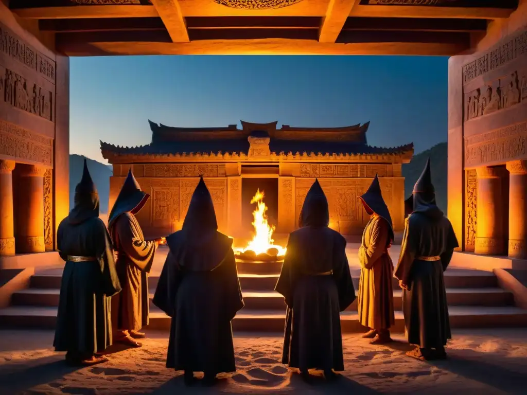 Rituales de sociedades secretas en un antiguo templo de piedra iluminado por antorchas, figuras en túnicas realizan un misterioso ritual