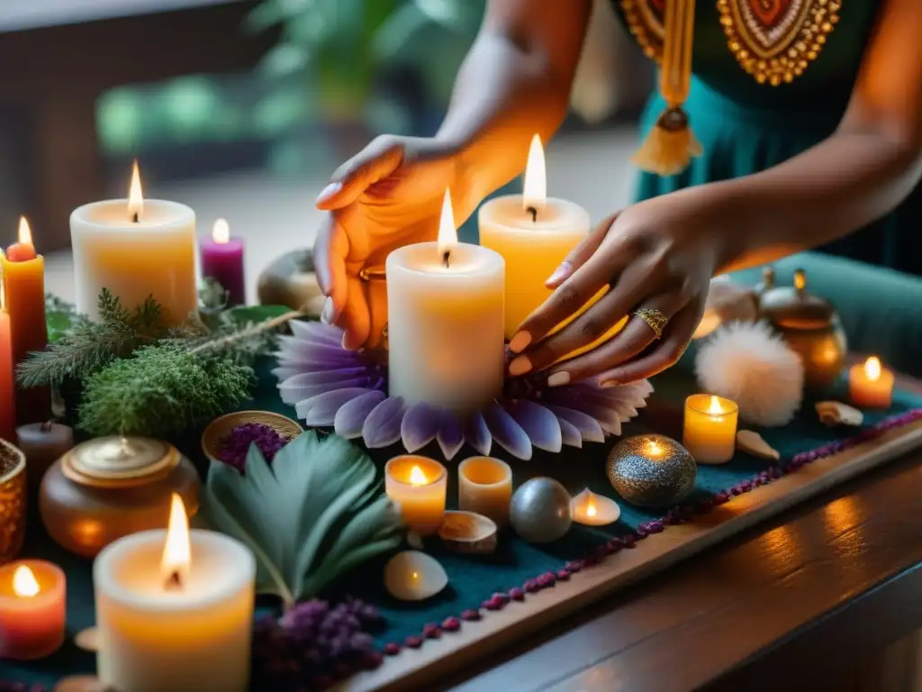 Rituales con velas para sanar: Manos arreglando velas coloridas en un altar adornado, creando una atmósfera serena y espiritual