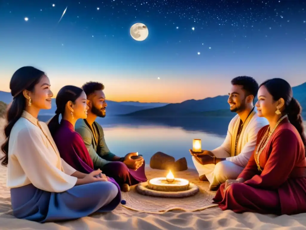 Rituales astrológicos multiculturales bajo el cielo estrellado Rituales zodíaco esotérico energías astrológicas: Grupo de personas de diversas culturas realizando rituales bajo un cielo estrellado