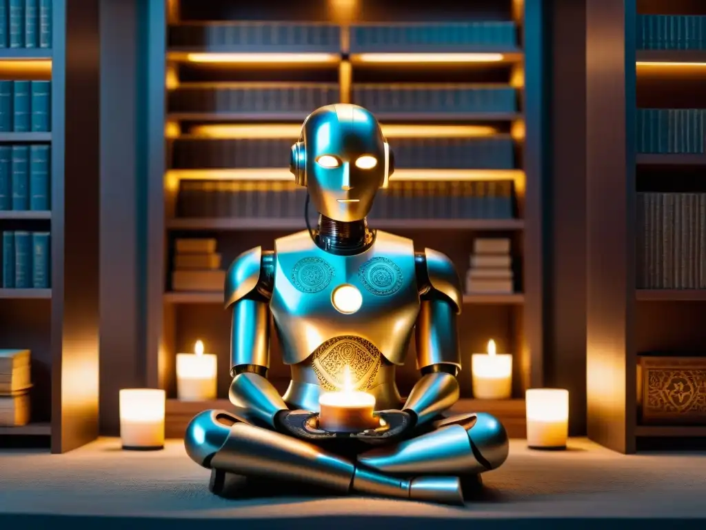 Robot de IA en postura de meditación entre antiguos textos esotéricos