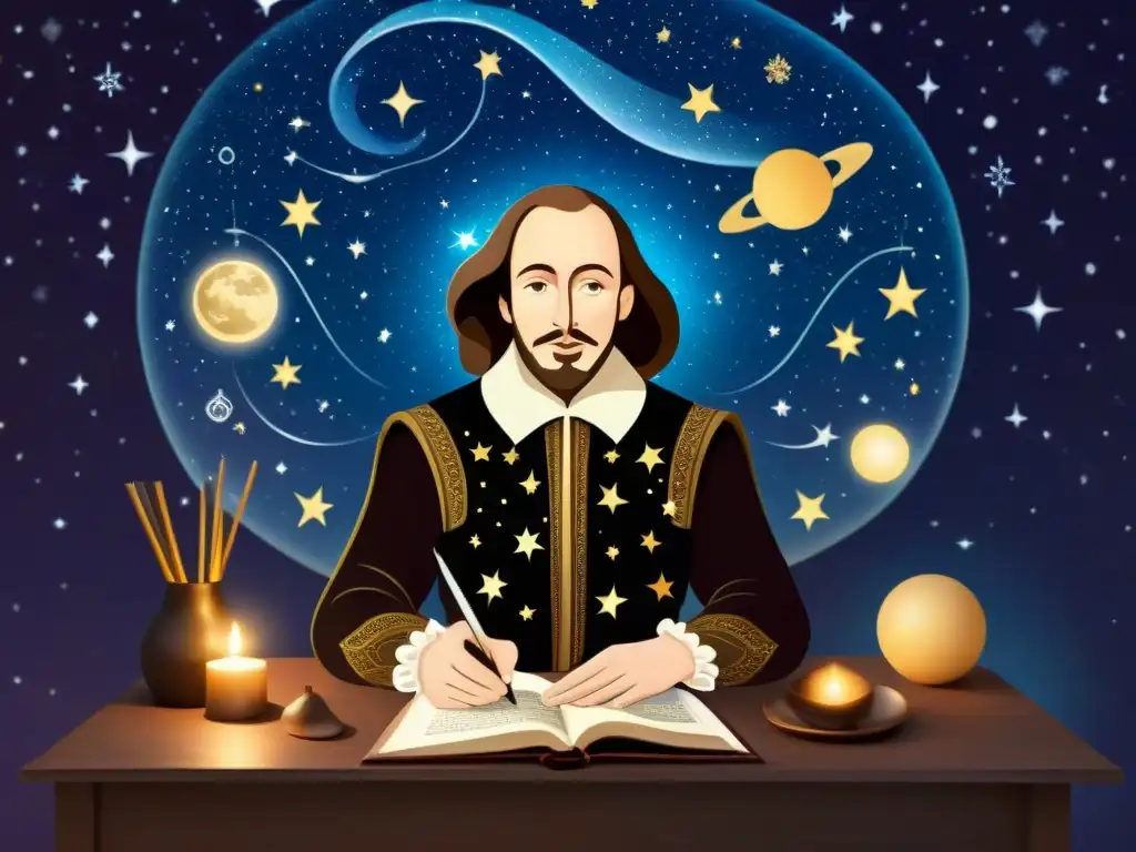 Ilustración mística de William Shakespeare rodeado de cuerpos celestes y signos zodiacales, con una aura mágica emanando de su pluma mientras escribe