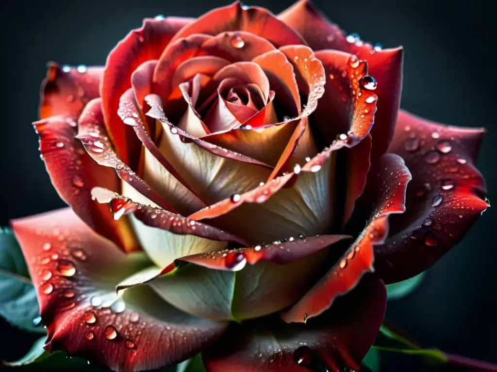 Una rosa roja con gotas de agua, detallando su belleza y misterio, evocando el Viaje interior en el Rosacrucianismo