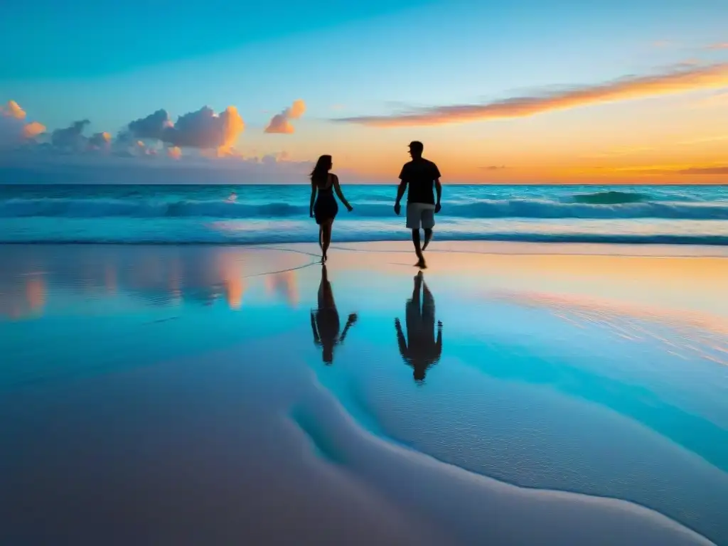 Un romántico paseo al atardecer en la playa, perfecto para un viaje de luna de miel astrológico