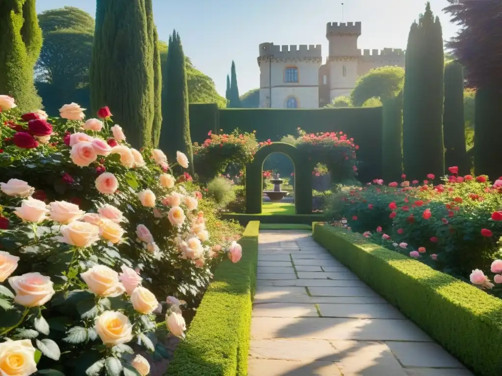 Un jardín rosacruz simbólico con rosas vibrantes, senderos de piedra y un castillo antiguo entre velos de rosas en flor