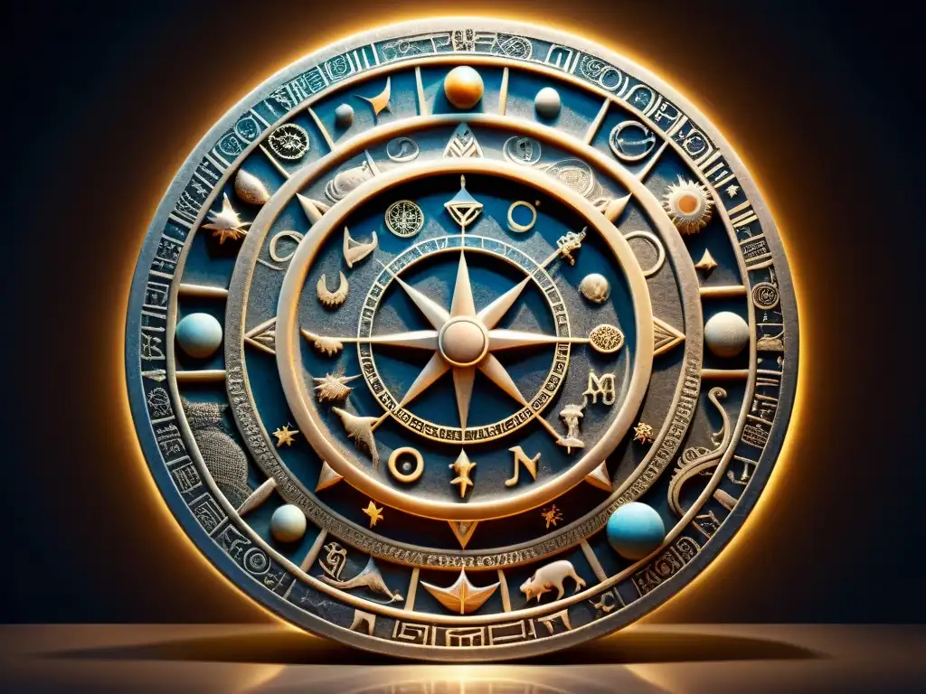 Una rueda zodiacal antigua y detallada tallada en una tabla de piedra, iluminada por una luz suave que resalta los intrincados grabados, creando una atmósfera mística y cautivadora que refleja la profundidad y complejidad de la astrología kármica