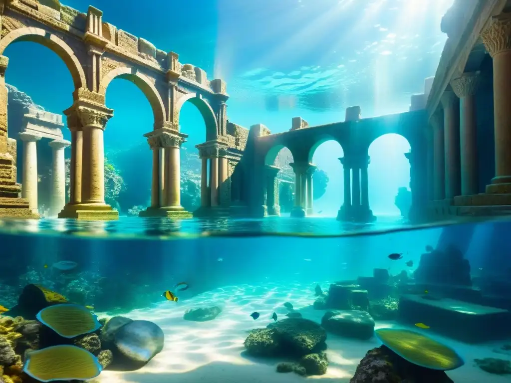 Ruinas antiguas de ciudad submarina como Atlantis, escuelas de peces coloridos y luz solar, reflejo de sociedades secretas influencia mundo moderno