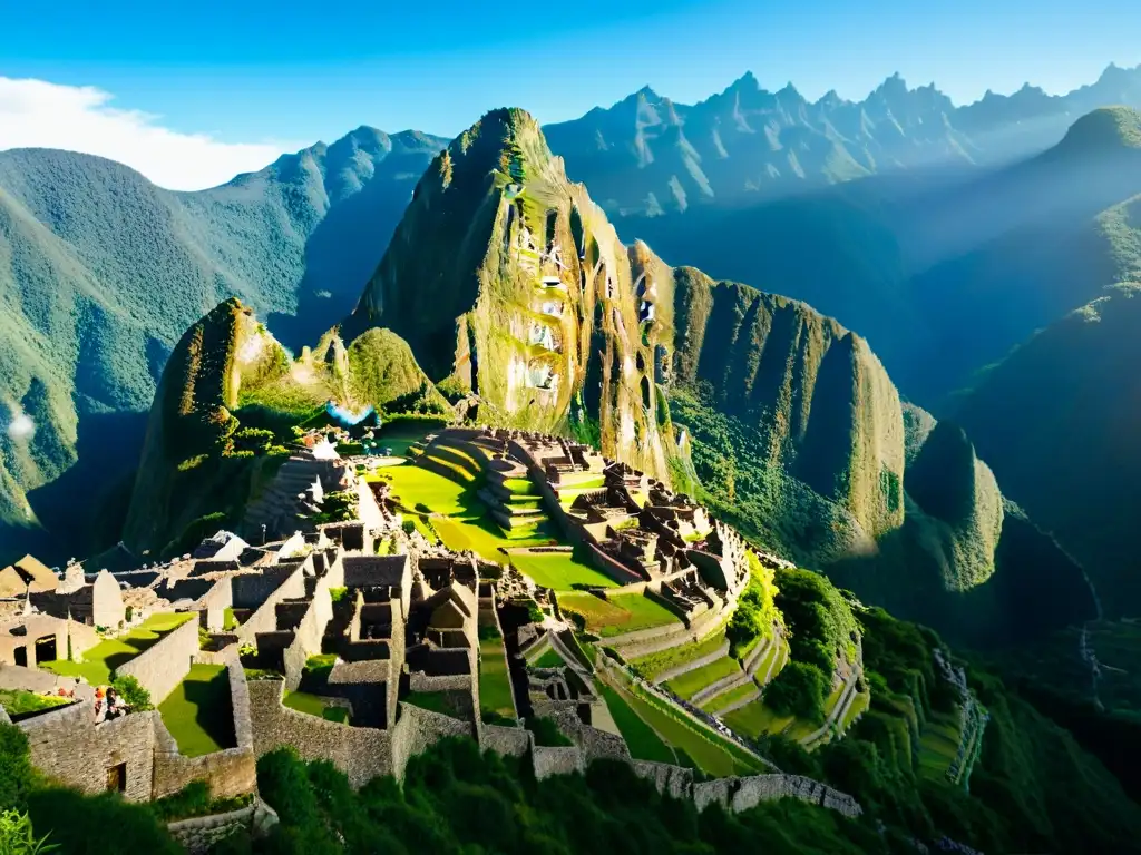 Ruinas antiguas de Machu Picchu revelan sociedades secretas en la historia bajo el sol y sombra entre montañas verdes y cielo azul vibrante