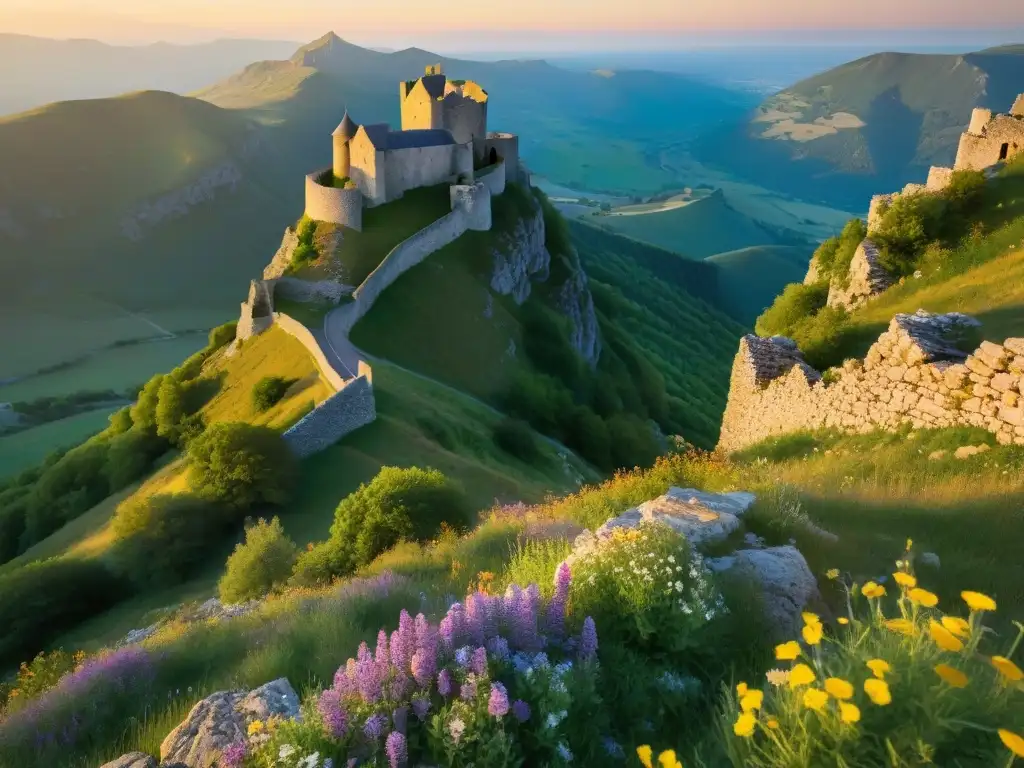 Ruinas del Castillo de Montségur al atardecer en los Pirineos franceses, evocando la misteriosa influencia de la sociedad secreta cátaros