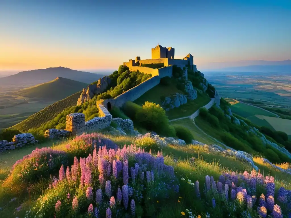 Ruinas del Castillo de Montségur al atardecer, con flores silvestres