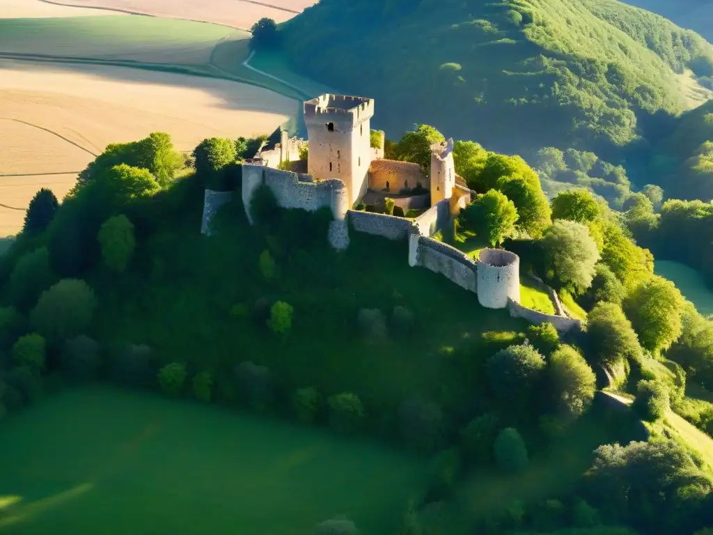 Ruinas majestuosas del Château de Montségur bañadas por la luz dorada, evocando la influencia de las sociedades secretas en la historia