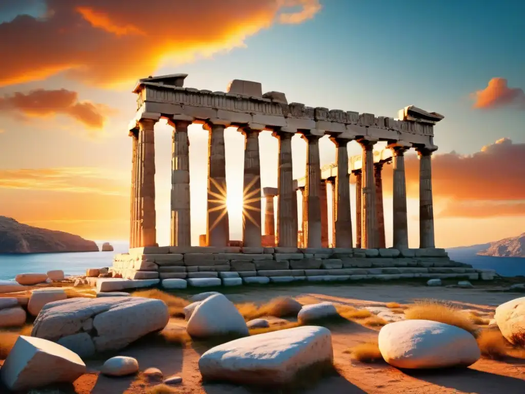 Ruinas majestuosas de un templo griego antiguo al atardecer, evocando misterio y maravilla