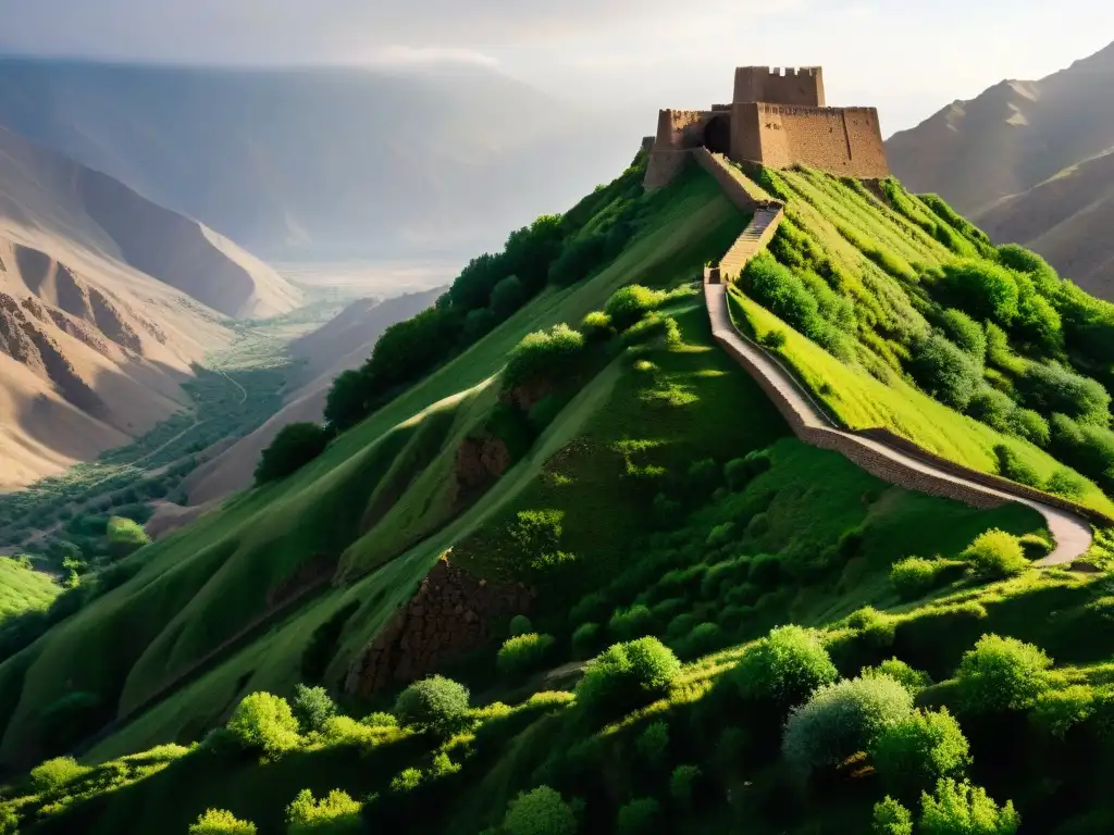 Ruinas misteriosas del Castillo de Alamut en Irán, con paredes de piedra cubiertas de musgo y las montañas Alborz al fondo