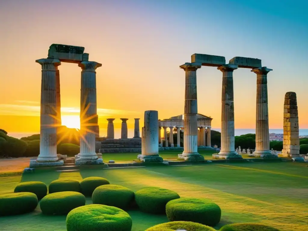 Ruinas del Templo de Hércules en Cádiz, España, al atardecer con columnas talladas y vegetación exuberante